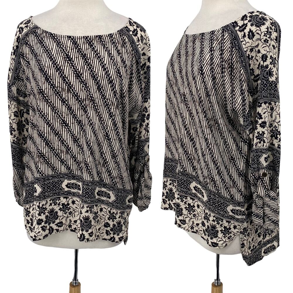 Plenty by Tracy Reese Floral Batik Printed Blouse Boat Neck Ruched Sleeves M